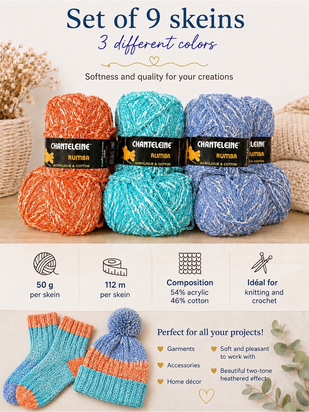 Chanteleine Rumba Yarn Set of 9 Skeins - Vintage - Orange, Green, Blue